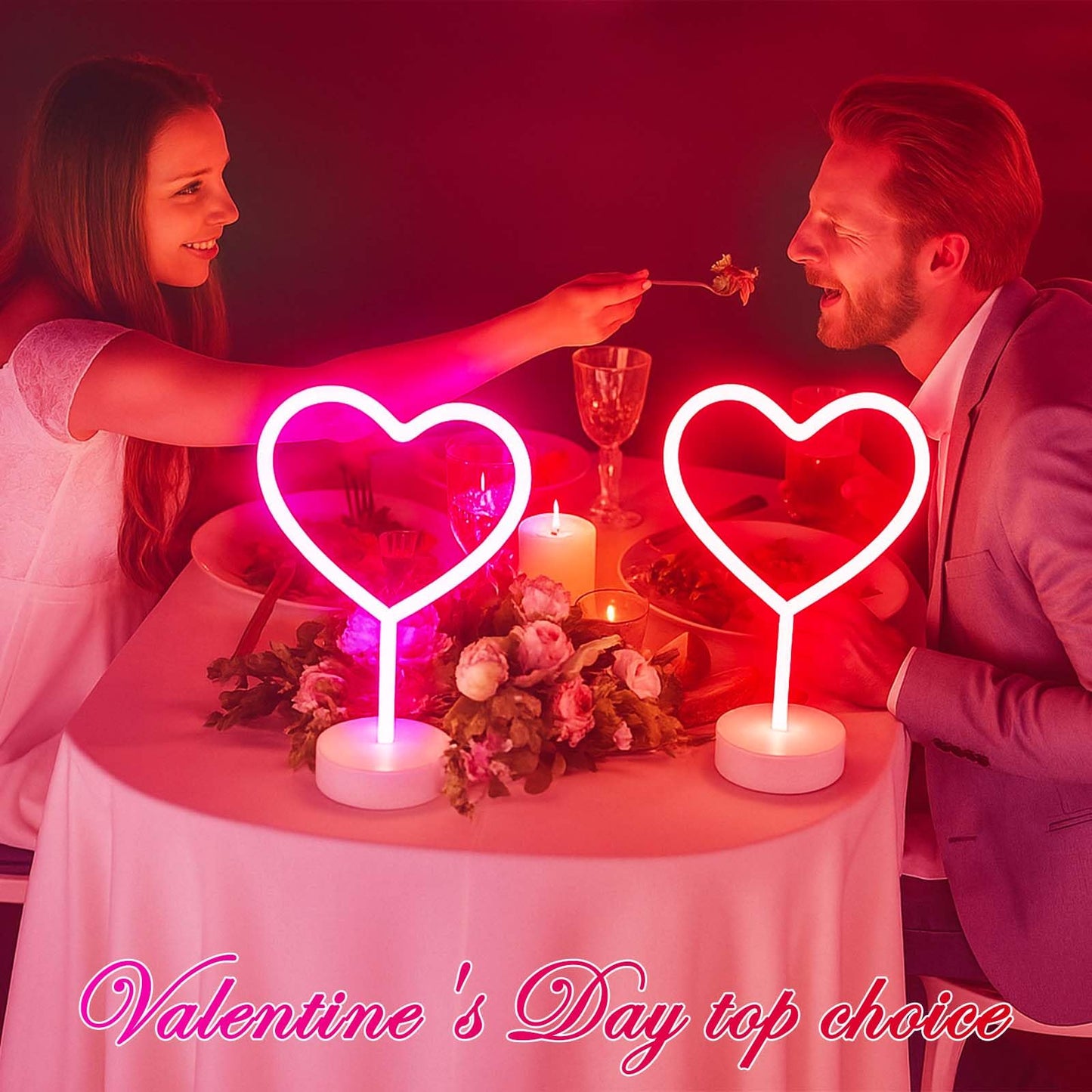 BHCLIGHT 1PK Pink & 1PK Red Heart Neon Sign, Valentines Day LED Neon Light Battery Operated or USB Powered Valentines Heart Lights, Table Lamp for Galentines Day Decorations, Gifts for Women, Lover.