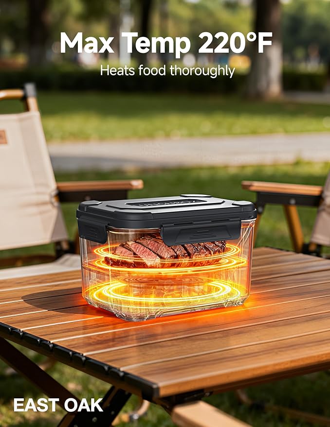 EAST OAK Rechargeable Self-Heating Lunch Box, 5.5 Cups Cordless Electric Lunch Box with Automatic Heating, Includes Fork, Spoon & Insulated Bag(Matte Black)