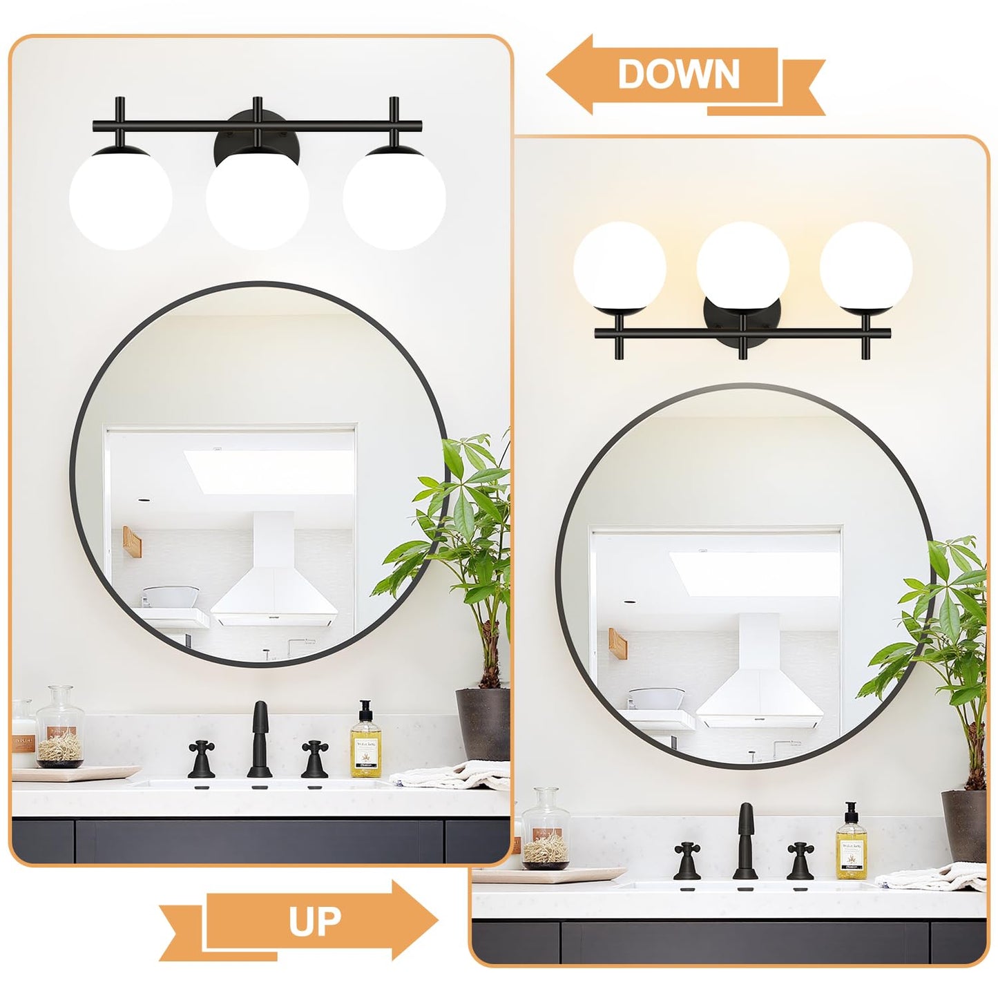 3-Light Bathroom Light Fixtures Matte Black Vanity Lights For Bathroom With Milky White Glass Ball Shade 18.9 Inch Bathroom Lighting Fixtures Over Mirror Wall Sconce For Bedroom (Bulb Not Included)