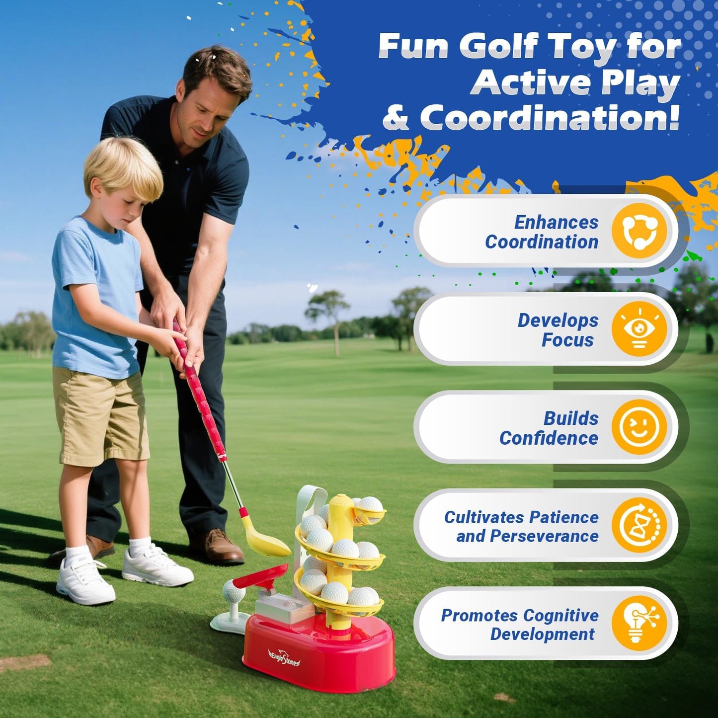 EagleStone Toddler Golf Set with Foot Pedal Launcher, Kids Golf Toy for Ages 3-8, Includes Adjustable Golf Club, 15 Balls & Golf Cart, Indoor&Outdoor Sports Gift for Boys and Girls