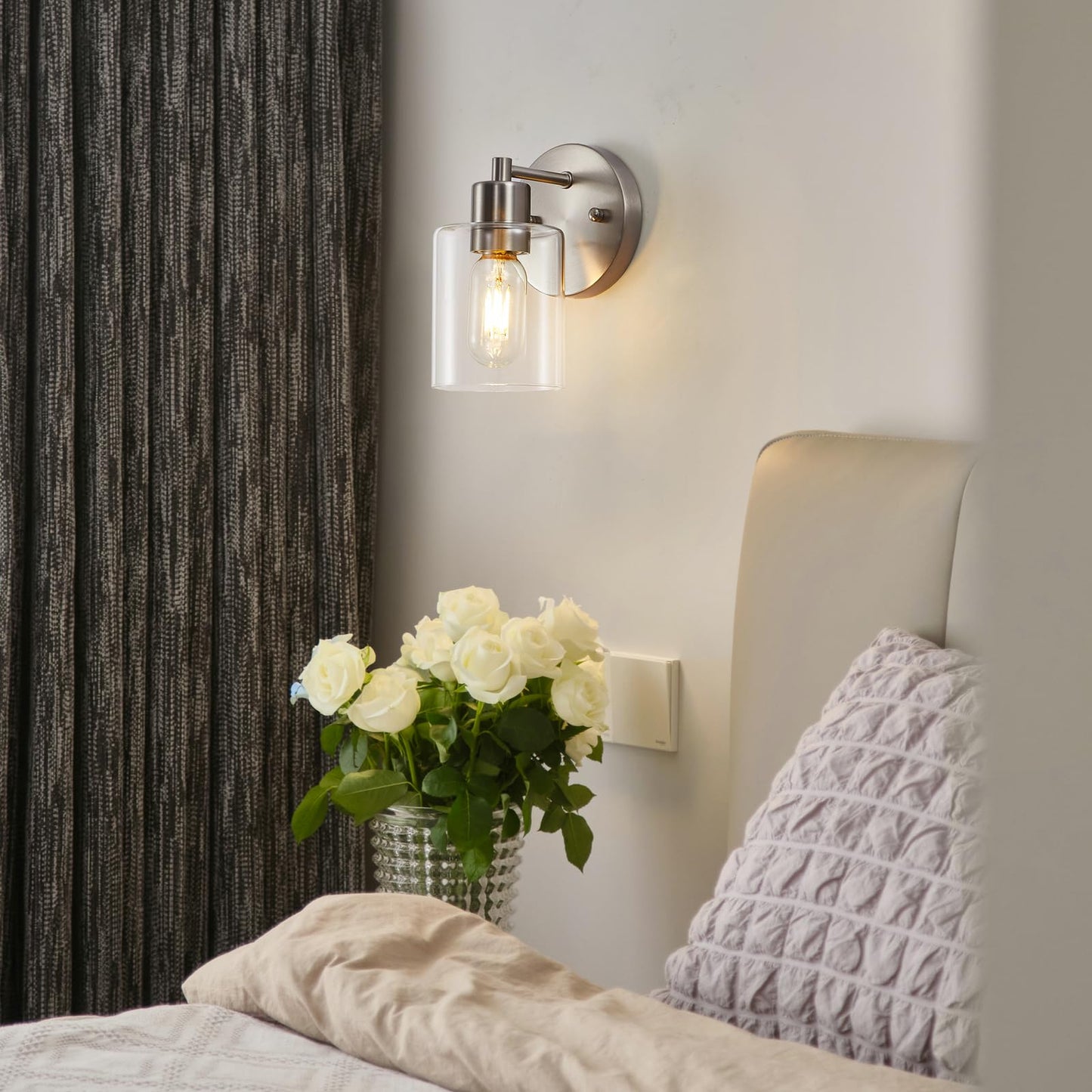 Wall Sconces For Bathroom Brushed Nickel Vanity Light Fixtures Modern Wall Mount Lighting Lanterns Farmhouse Wall Lamps With Clear Glass Shade For Bedroom Living Room Mirror Hallway Porch(2Pack)