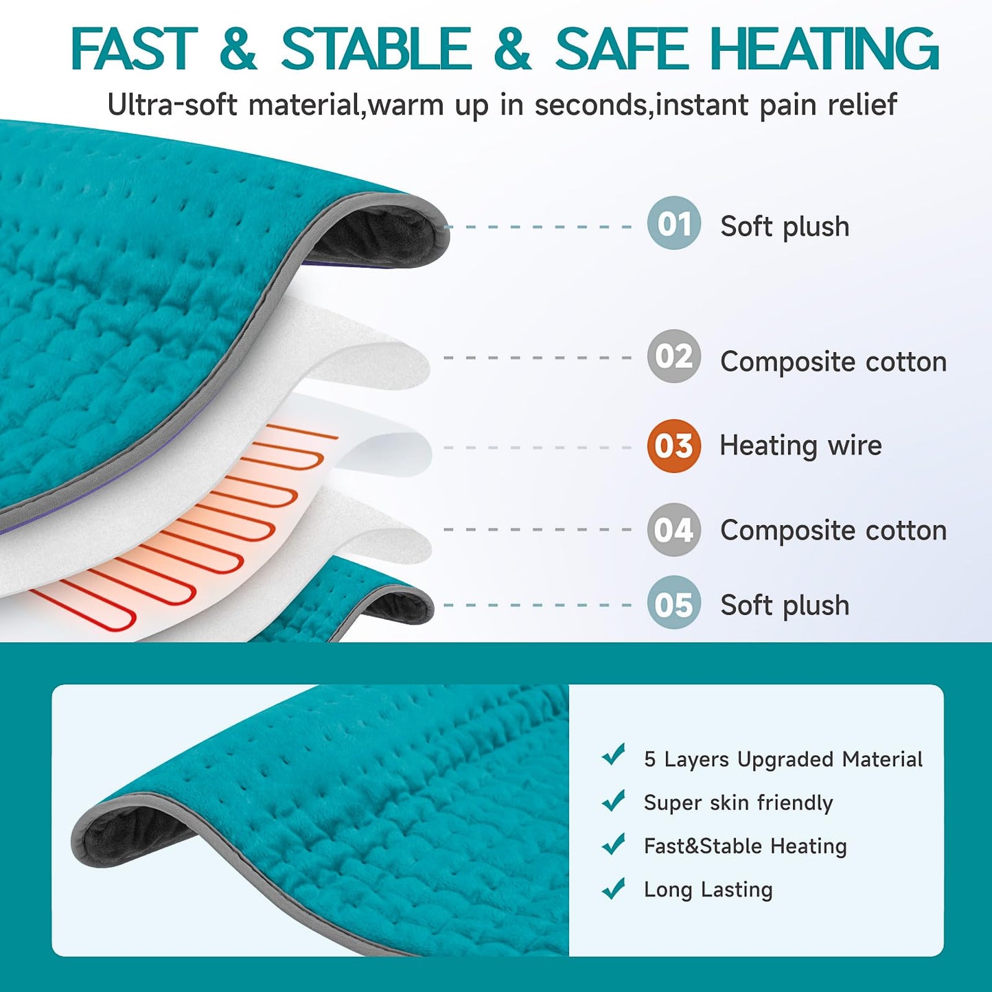 Heating Pad for Period Cramps, Heating Pad for Back/Neck/Shoulder Muscle Pain, 6 Heating & 4 Timer Setting, Auto Shut Off, Moist Heat & Machine Washable, Birthday Christmas Gifts for Women Mom, Cyan