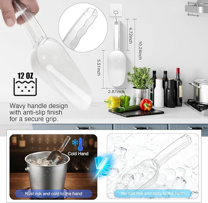 Clear Plastic Ice Scoop for Freezer, 12 Oz Acrylic Kitchen Ice Scoopers for Ice Bucket, Flour, Popcorn, Candy, Grain, Food, Dry Goods