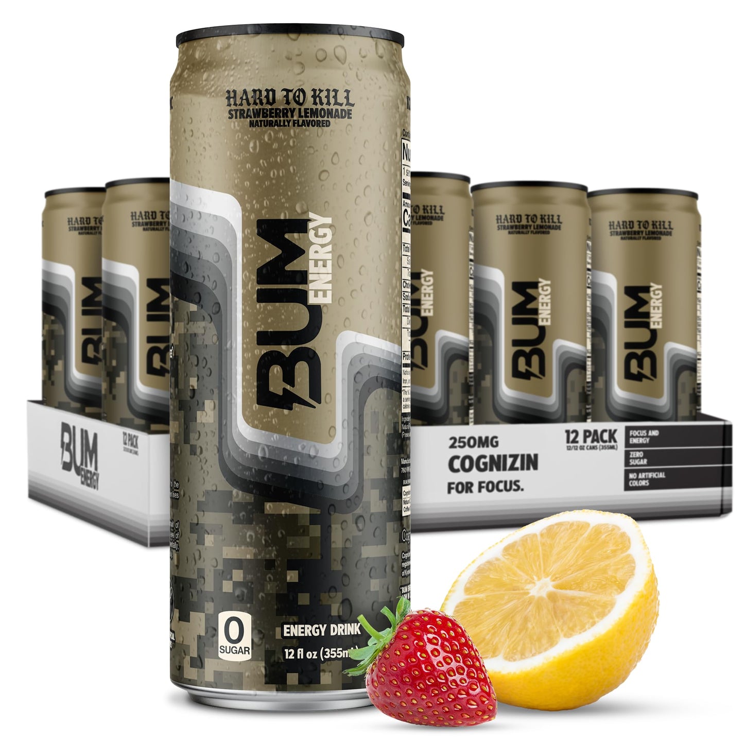 BUM Sugar-Free Energy Drink Strawberry Lemonade - Lightly Carbonated & No Artificial Colors Natural Caffeine & Citicoline for Energy Focus Brain Boost & Workout Sports Beverage - 12 oz Pack of 12