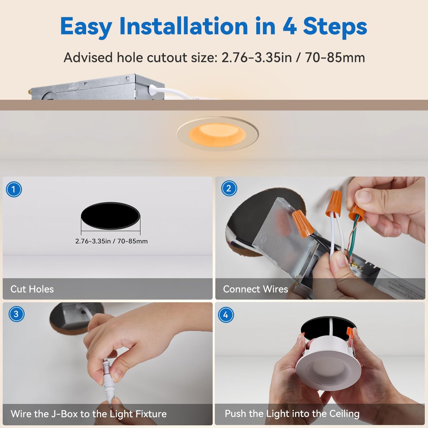 Cycevsun 3 Inch Recessed Led Lights Switchable Night Light & Main Light 5 Color Temperatures 2700K-5000K Dimmable Canless Downlight For Cozy Home Lighting 6W/2W Etl 6 Pack