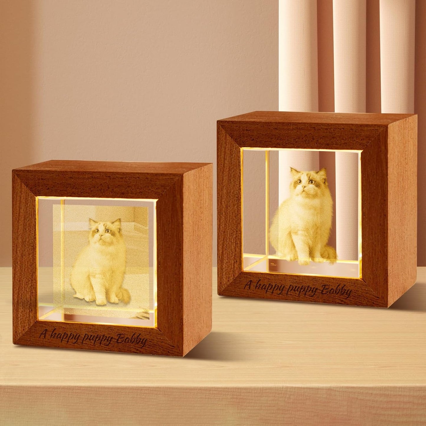 Custom 3D Crystal Photo Night Light – Personalized Glass Photo Ball with Customized 3D Picture Engraving, LED Light Wood Base, Unique Custom Gifts for Family, Pets, Birthday,Valentine's Day (Style 3)