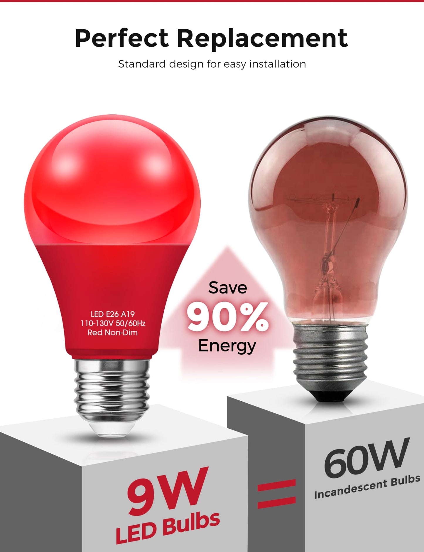 Doresshop Red Liight Bulbs A19 Led Christmas Light Bulbs 9W (60 Watt Equivalent) E26 Light Bulbs 720Lm Red Bulbs Outdoor For Halloween Christmas Lighting Porch Non-Dimmable 2 Pack