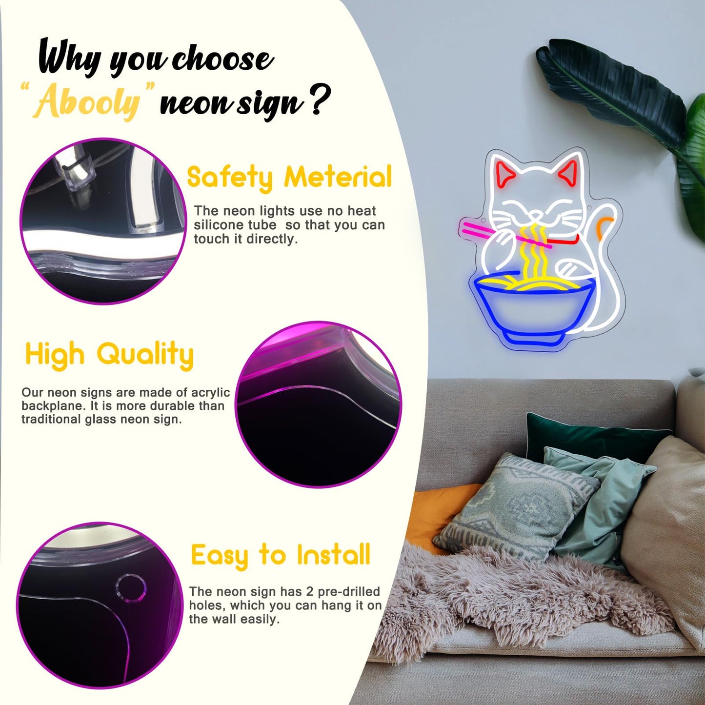 Fortune Cat Ramen Neon Sign Dimmable Japanese Lucky Cat Noodle Led Neon Sign For Wall Decor Usb Powered For Restaurant Bar Party Bedroom Birthday Gifts(15.7 * 12.7In)