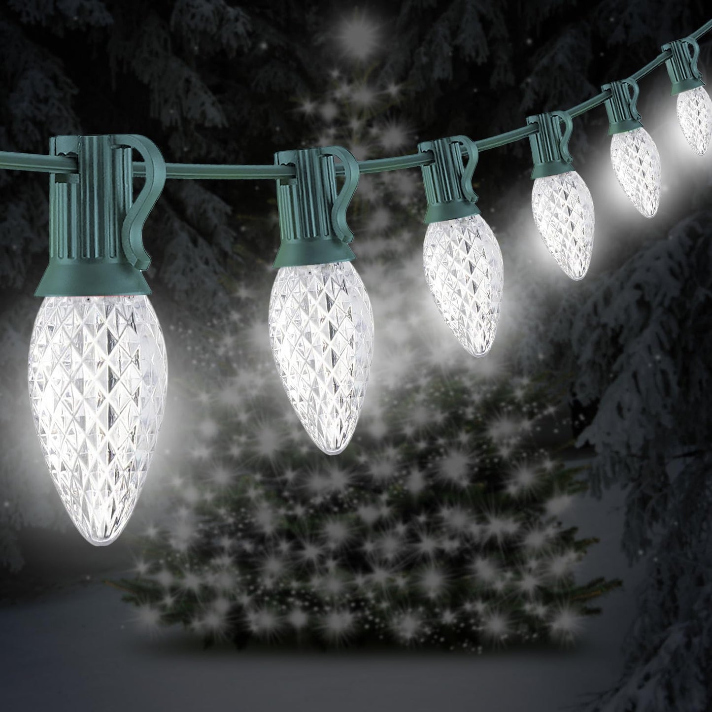 CHYParty 25FT C7 Christmas Lights Outdoor, Bright SMD LED String Lights with 25 7000K Cool White Bulbs for Roof, Fence, Winter I