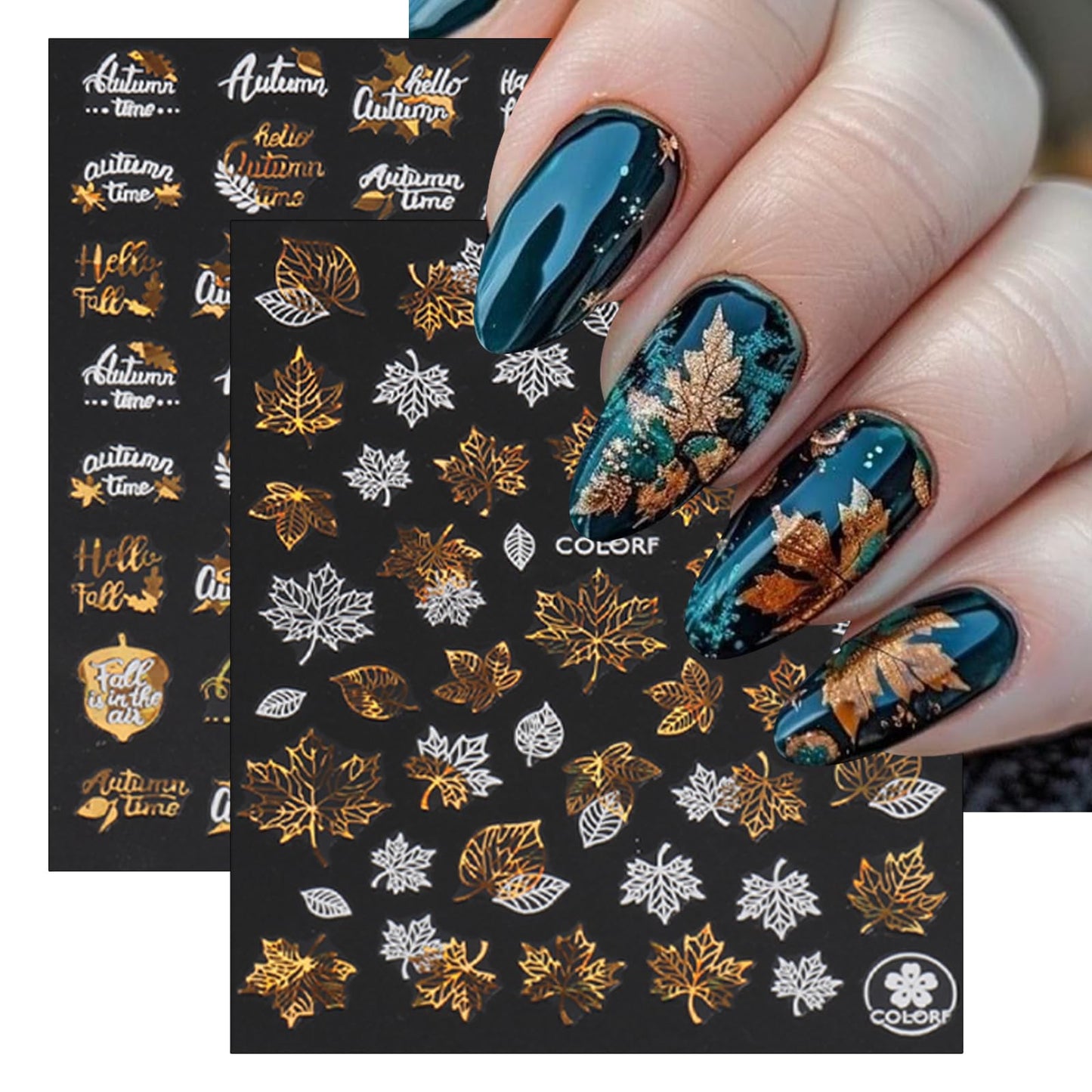 9 Sheets Bronzing Fall Nail Art Stickers 3D Glitter Metallic Maple Leaf Nail Stickers Autumn Laser White Gold Leaves Flower Nail