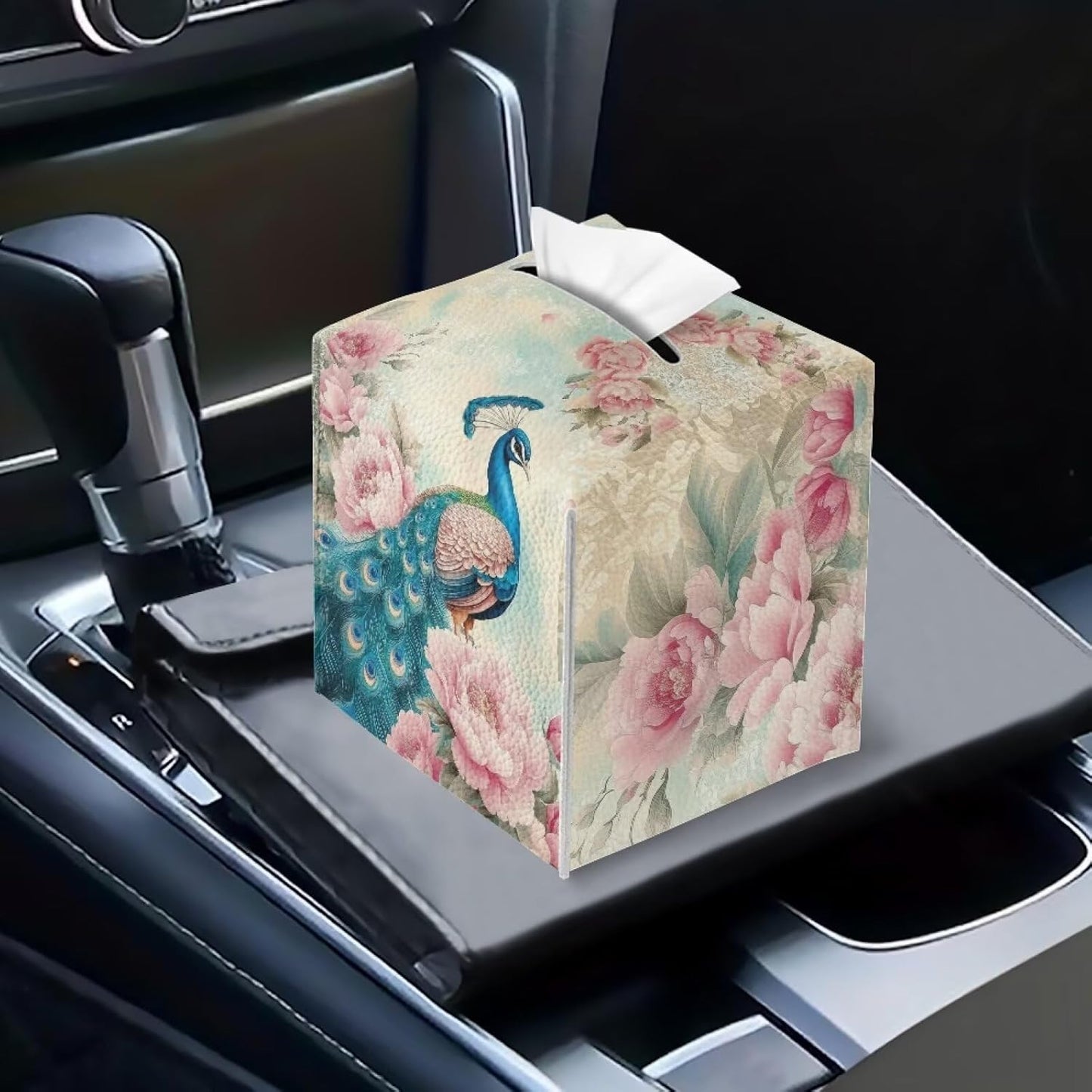 Peacock Tissue Box Cover Cube Leather Tissue Box Holder Waterproof Facial Paper Organizer 5x5x5 inch Mordern Home Decor Accessories for Bedroom Living Room