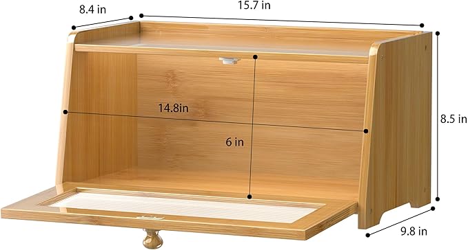 Bread Box for Kitchen Countertop, Vintage Wooden Counter Breadbox, Bamboo Bread Storage Container Bin for Homemade Bread, Small Farmhouse Corner Breadbox Organizer with Acrylic Window, Natural