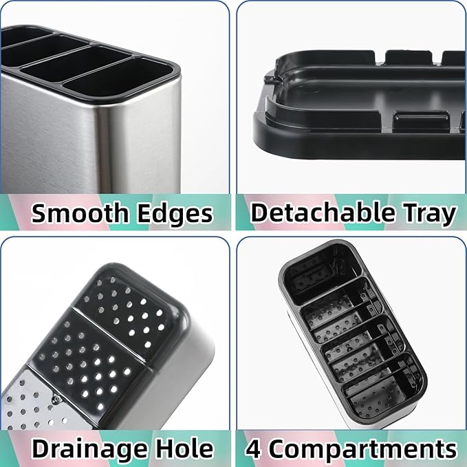 Utensil Holder,Stainless Steel Caddy Counter,Spoon holder,4 Compartments Silverware Caddy,Capacity Flatware Spoon Fork Tool Cutlery Holder(Silvery)