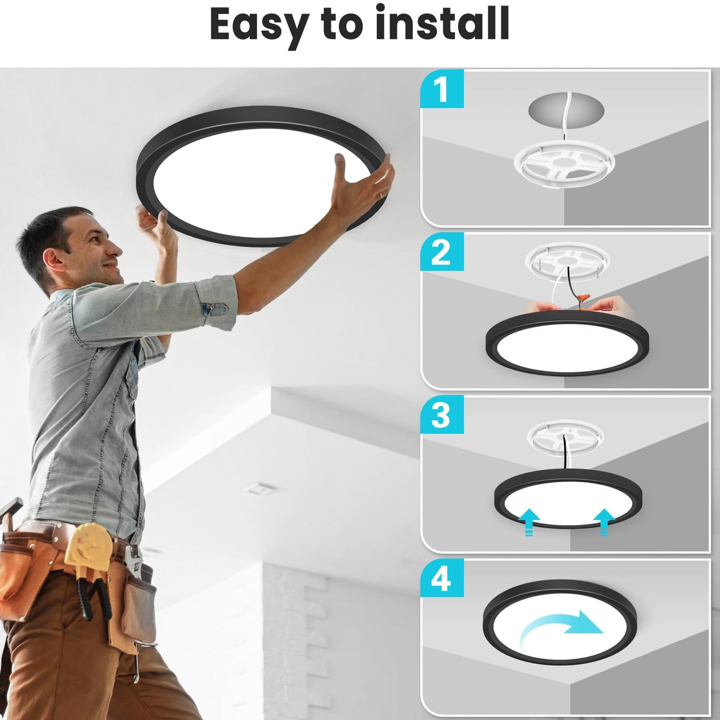 Libtit 12 Inch Flush Mount Led Ceiling Light Fixture 3000K 4000K 6500K Adjustable 28W 3200Lm Black Round Lighting Fixtures For Bathroom Shower Hallway Kitchen 2 Pack