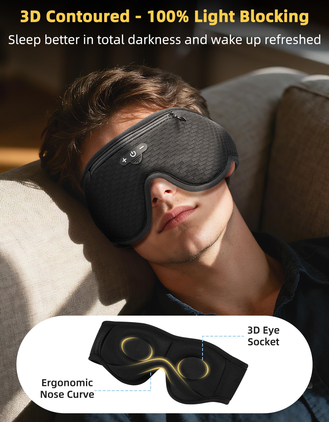 BULYPAZY 3D Contoured Sleep Mask with Bluetooth Headphones, Adjustable Blackout Sleeping Mask, 1-Hour Timer Sleeping Headphones with Thin Stereo Speakers for Men, Women, Gift - Black