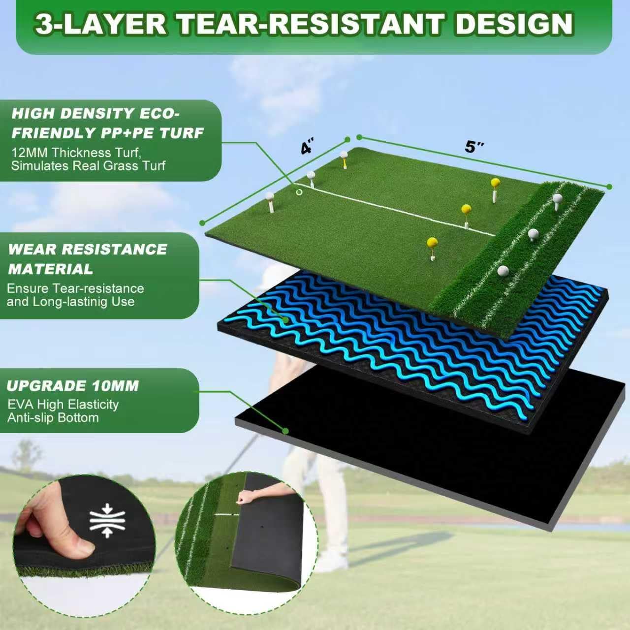 Premium Dual-Turf Golf Hitting Mat - 4x5ft Indoor/Outdoor Practice Mat with Realistic Fairway & Rough Turf, Portable Golf Swing Training Mat with Alignment Guide Real Feel for Driving Range