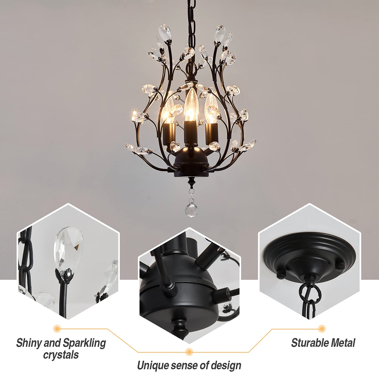 CVKASH 3-Light Branch Crystal Chandelier Flush Mount Lighting 11 Inch Metal Vintage Black W-2016 for Bedroom Dining Room Kitchen