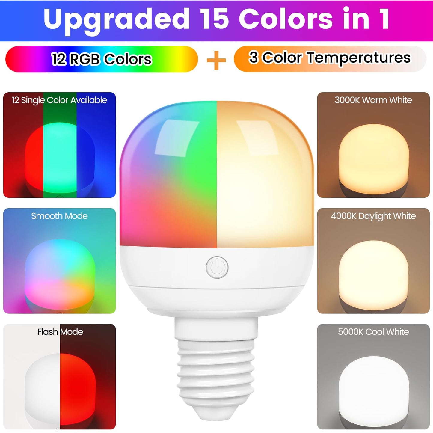 Yochoice 2-Pack Rechargeable Battery Operated Light Bulb with Remote Control, E26 Battery Powered Dimmable Light Bulb with 3 Color Temperatures + 12 RGB Colors, Detachable LED Bulb for Wall Sconce