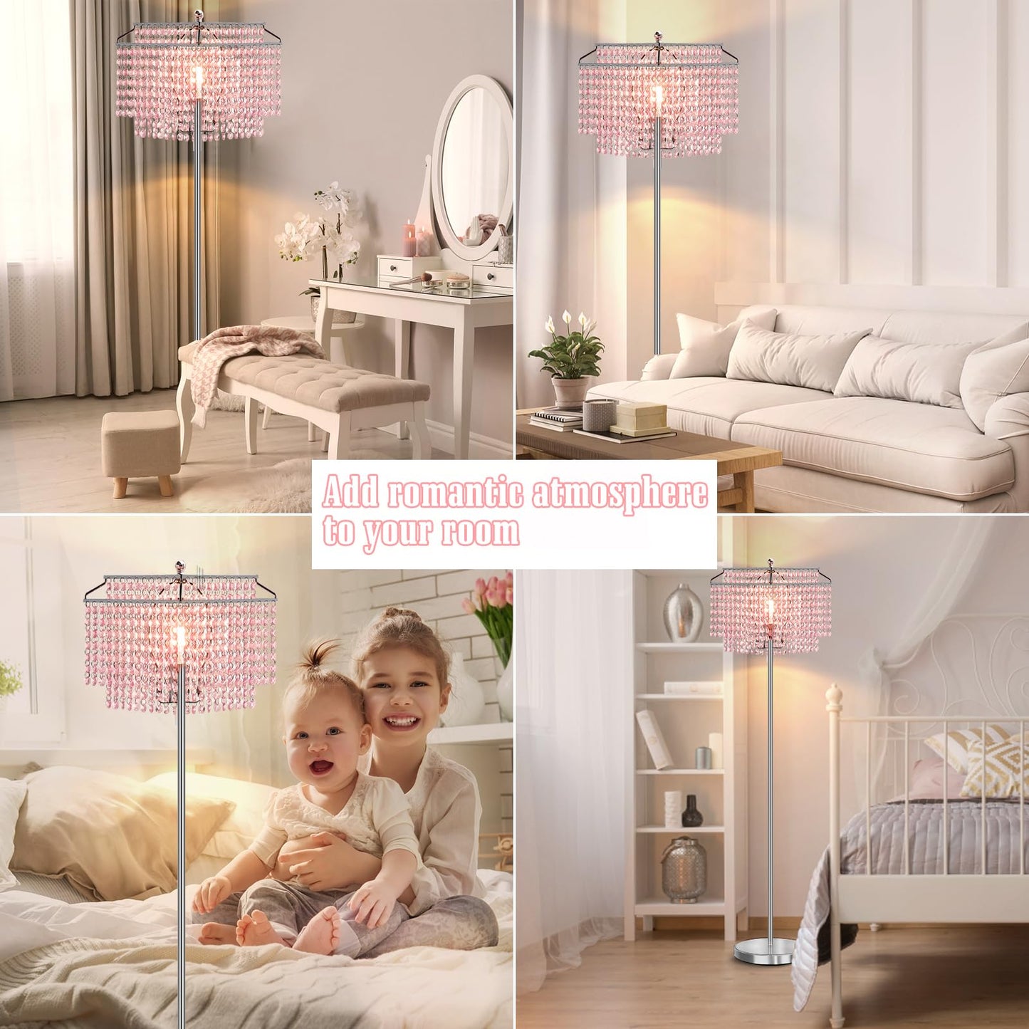 Luvkczc Pink Crystal Floor Lamp, 64 Tall Metal Standing Lamp With Double-Layer Lampshade, On/Off Foot Switch For Living Room And Office