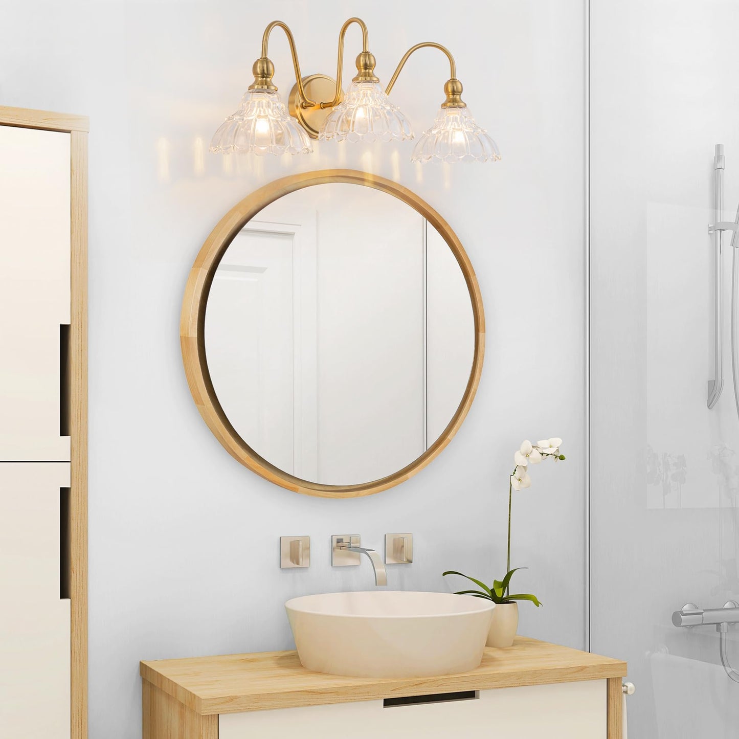 Brknit Vintage Bathroom Light Fixtures Over Mirror 3-Light Brass Wall Sconce Lighting With Flower Glass Shade Farmhouse Vanity Lights For Bedroom Kitchen Living Room Hallway Light