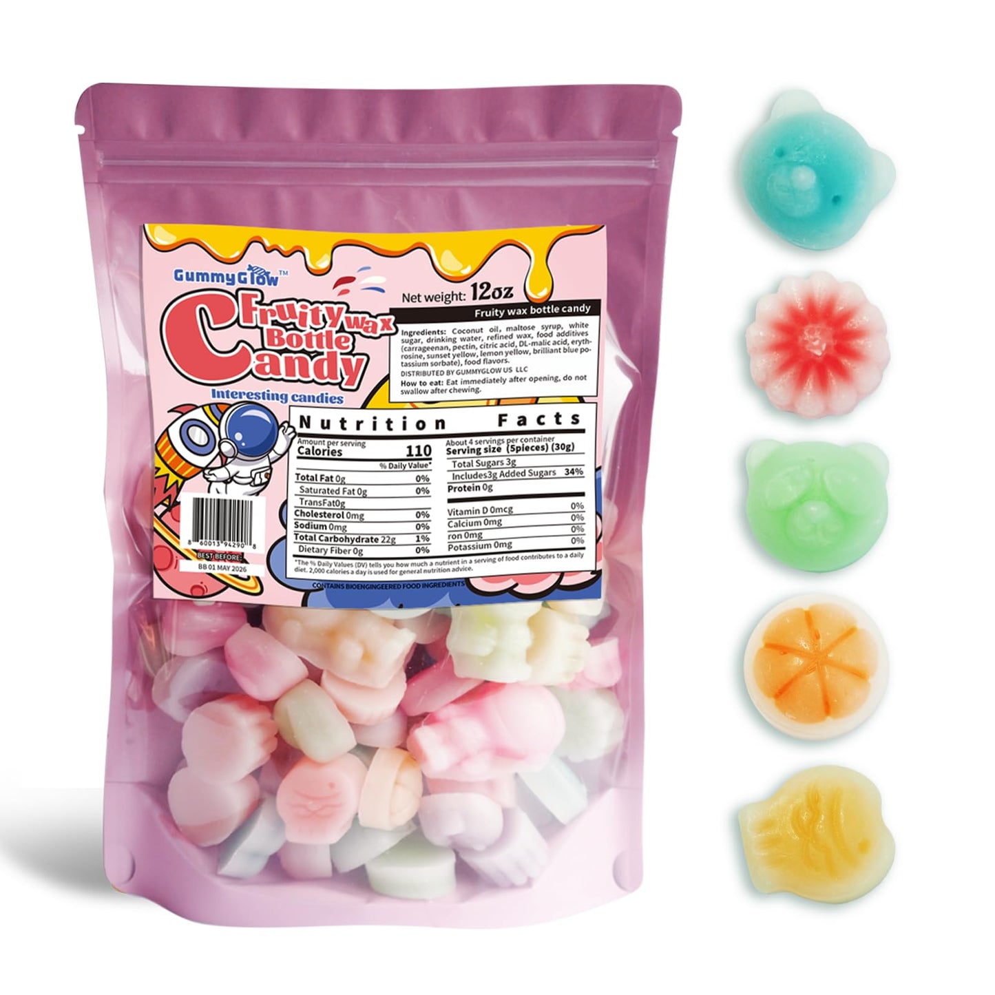Gummy Glow Wax Candy 12oz Bulk Pack Retro Chewy Wax Candies for Old School Candy Lovers with 55-65 Pieces & 5 Flavors Nostalgic Sweet