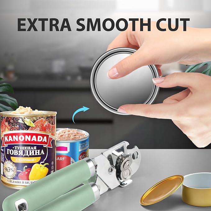 Can Opener Manual, Heavy Duty Handheld Strong Can Opener with Soft Touch Handle, Sharp Blade Smooth Edge, Can Openers with Multifunctional Bottle Opener, Mint