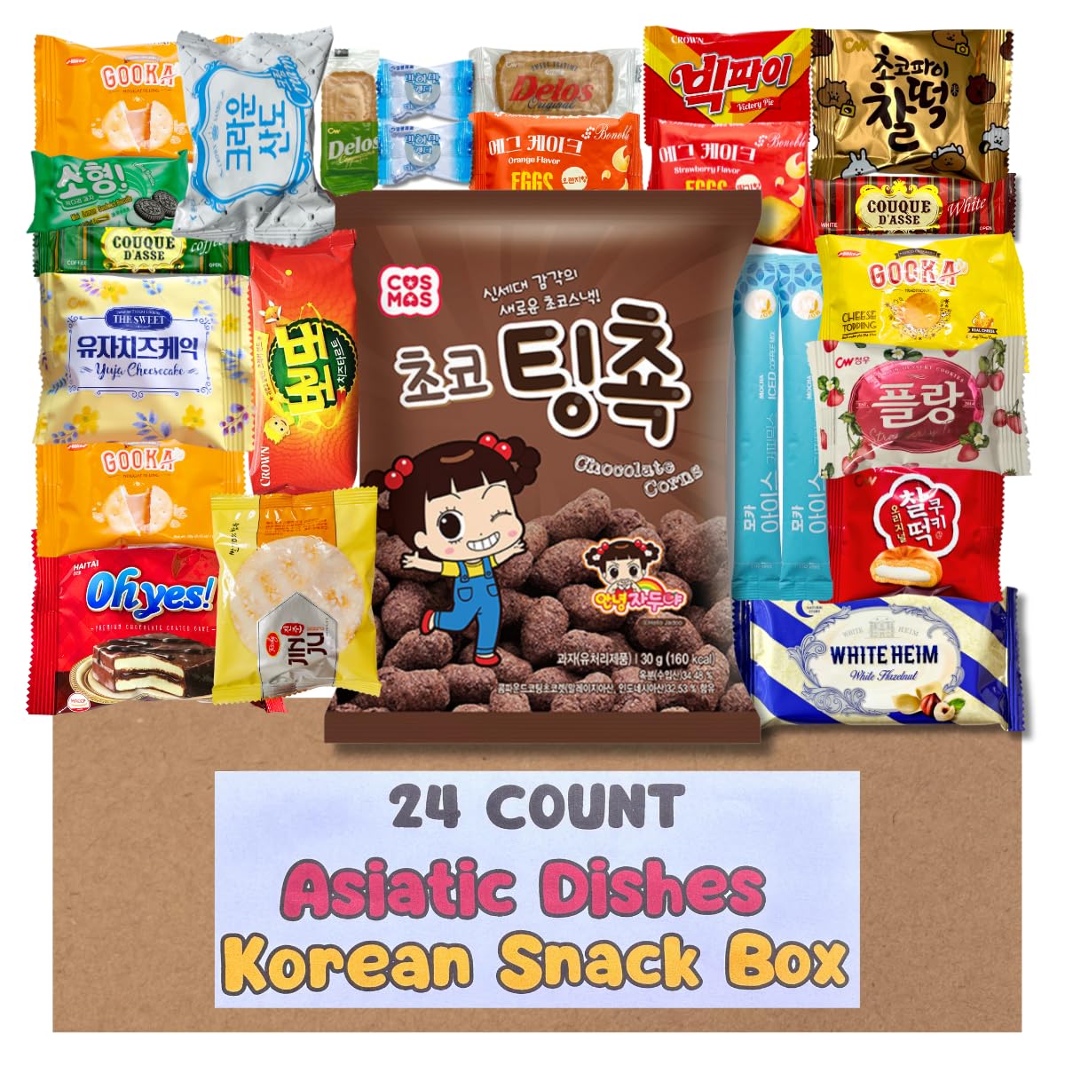 Asiatic Dishes Korean Snack Box - 24 Count Variety Pack with Cookies, Crackers, Coffee Mix, and Candy - Gift Care Package for Ad