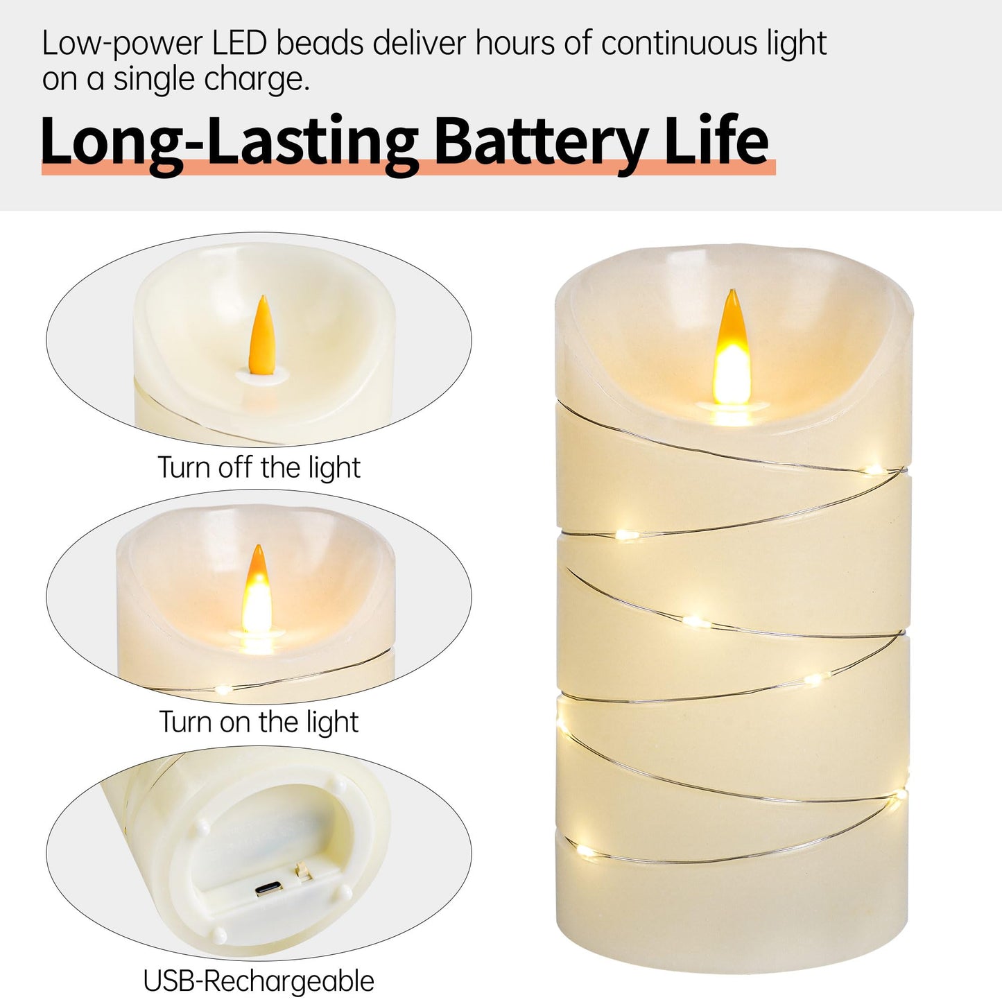 Ivory Rechargeable Flameless LED Candle 3-Piece Set (4/5/6 inches) - Real Wax with String Lights, Includes Remote and Timer, Safe and Realistic Flame, for Christmas/Halloween Home Decoration