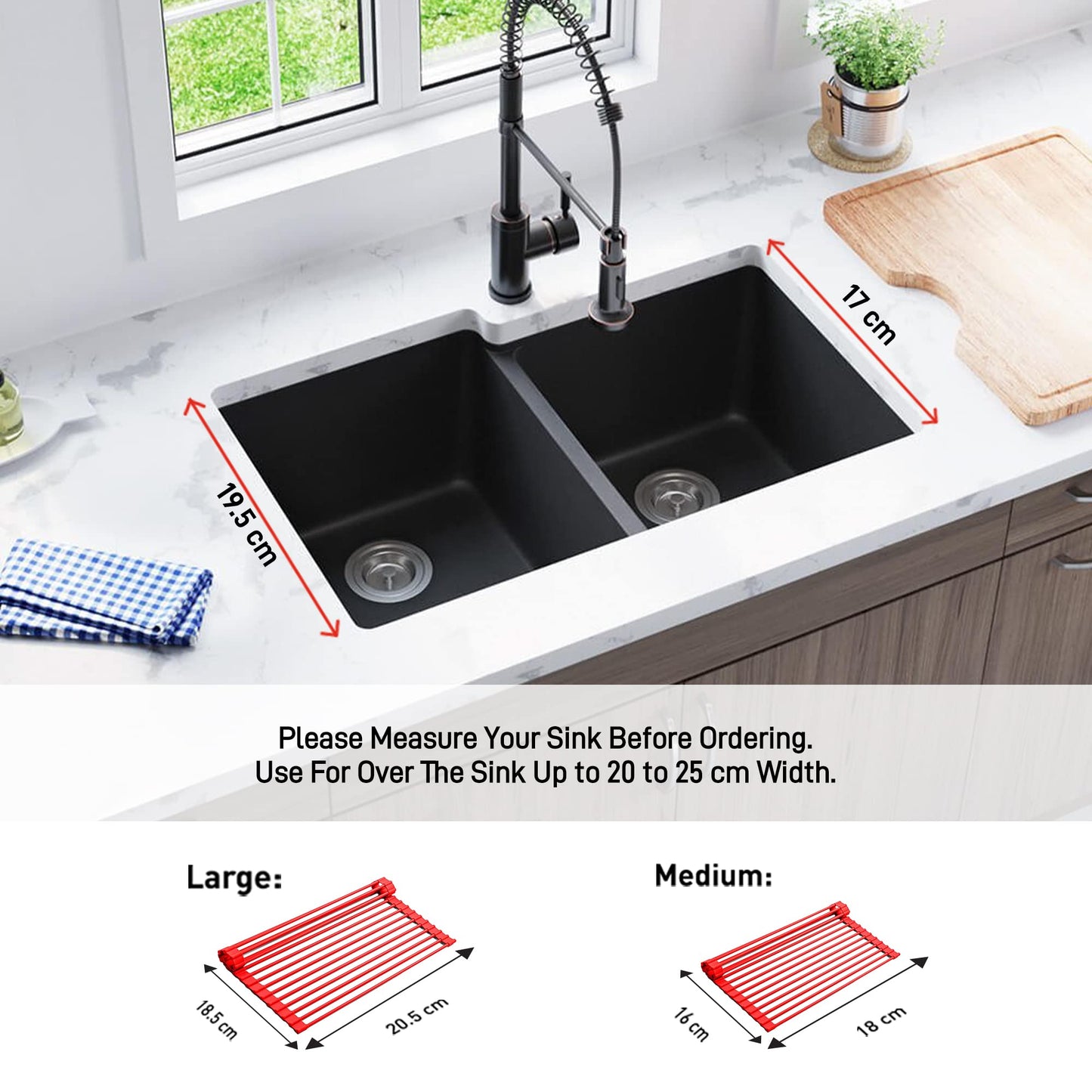 Bellemain Over Sink Dish Drying Rack, Dish Drying Mat | Collapsible Dish Drying Rack for Kitchen Counter, Heat Resistant Stainless Steel & Silicone Drying Rack, Dish Drainer (Red, Medium)