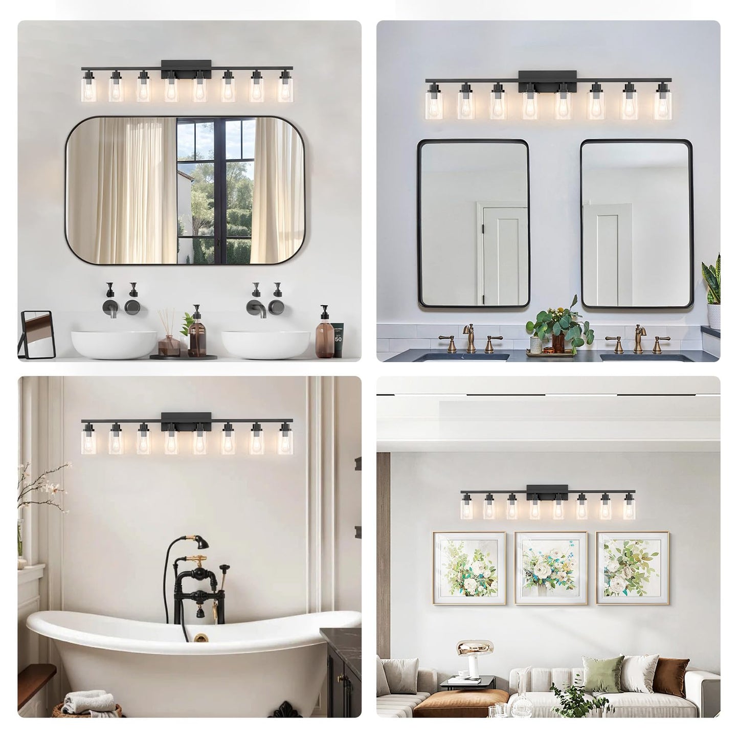 Hccz 8 Light Black Bathroom Vanity Light Fixture Long Farmhouse Vanity Lights Over Mirror Modern Large Bathroom Lighting Wall Light With Clear Glass Globe For Mirror Living Room Bedroom