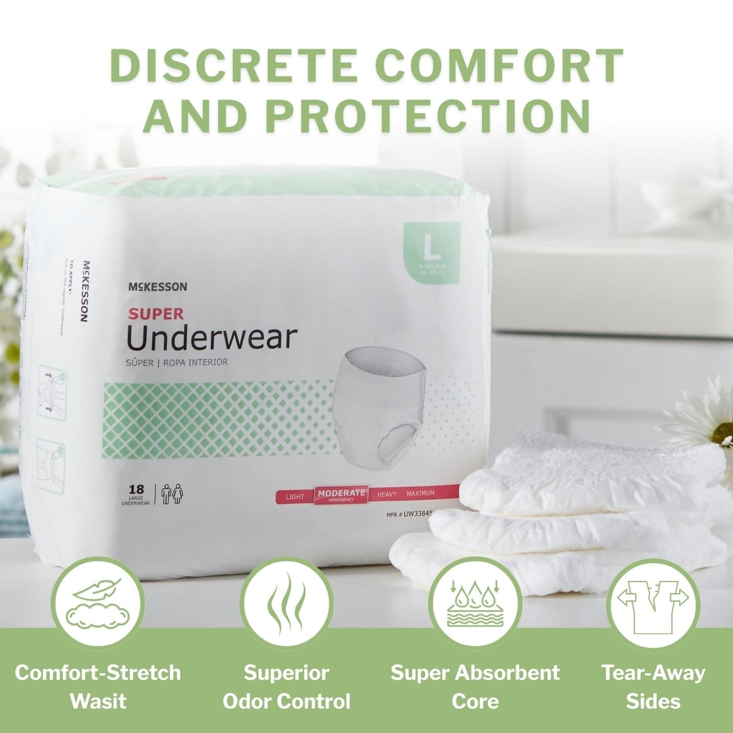 McKesson Super Adult Incontinence Underwear, Pull-On Style, Breathable, White (Large, 72, Count)