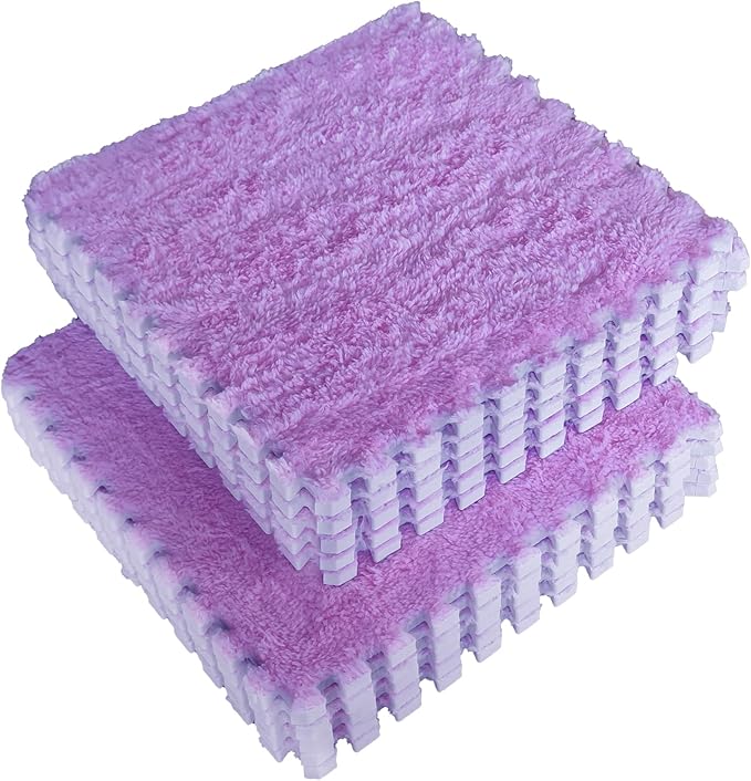 16pcs 0.6" Thickened Interlocking Tile Mats,Fluffy Shaggy Soft EVA Foam Area Rug for Living Room & Bedroom,Non-Slip Protective Floor Carpet Play Mat Kids Baby Dorm Home Decor (11.8ft, Purple)