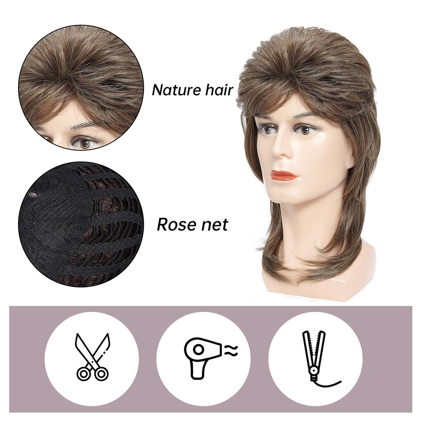 Lotfon Mullet Wig for Men Joe Dirt Emo Wig 80s 90s Costumes Fancy Party Accessory Cosplay Wigs Halloween Man x (Light Brown)