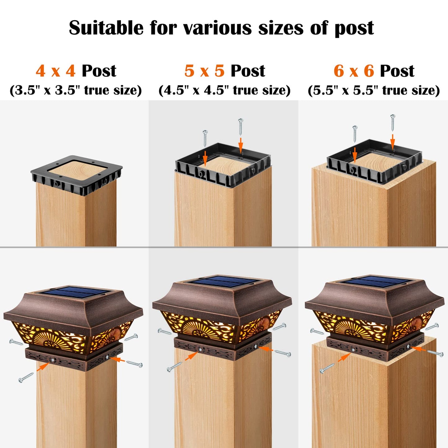 DenicMic Solar Post Lights 2 Pack, 25 Lumen Warm White LED, Waterproof Metal, Fits 3.5x3.5 to 5x5 Posts, Copper