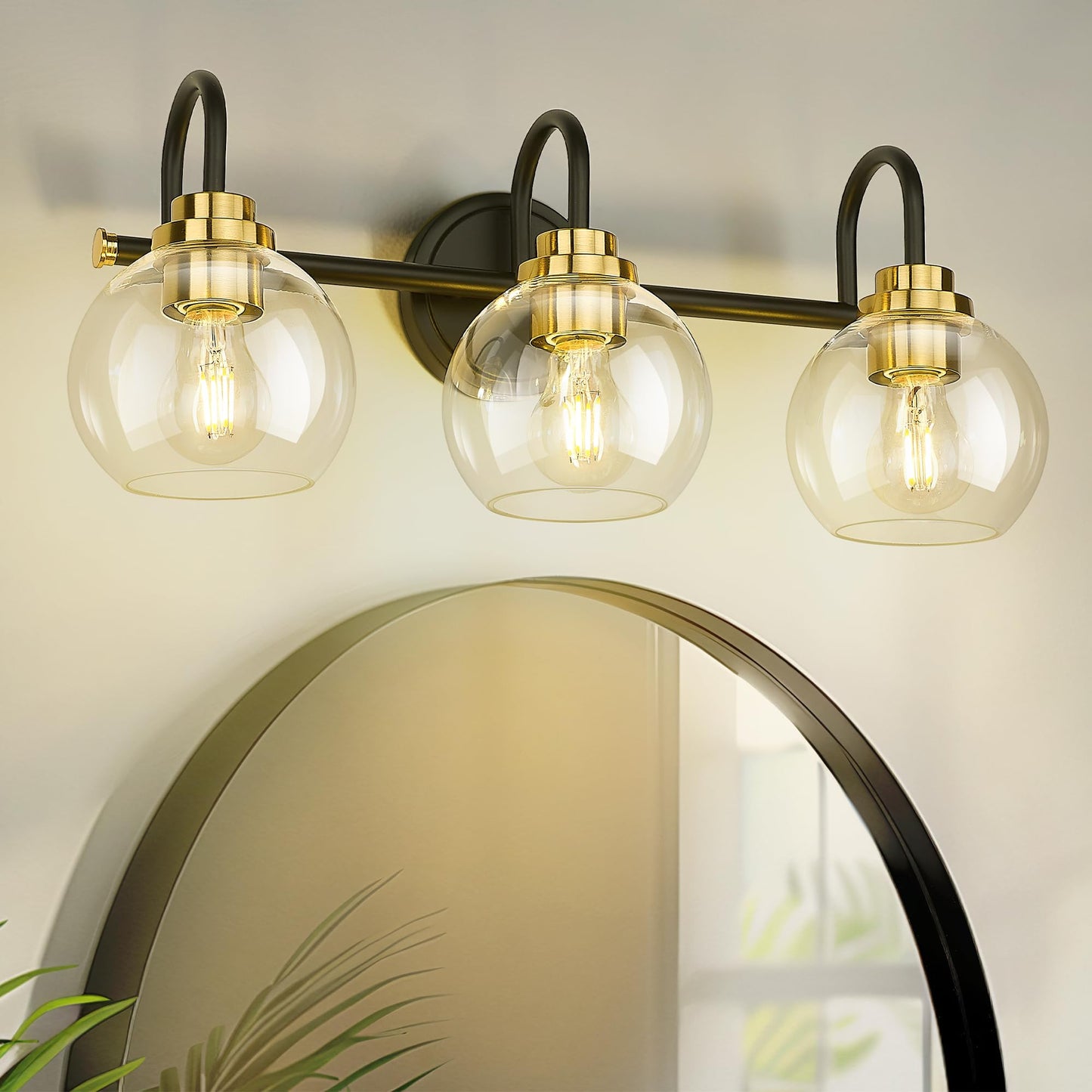 Audickic Bathroom Light Fixtures 3-Light Black And Gold Vanity Lights With Globe Clear Glass Modern Vanity Lighting Fixtures Over Mirror Ad-22280-3W-Kg