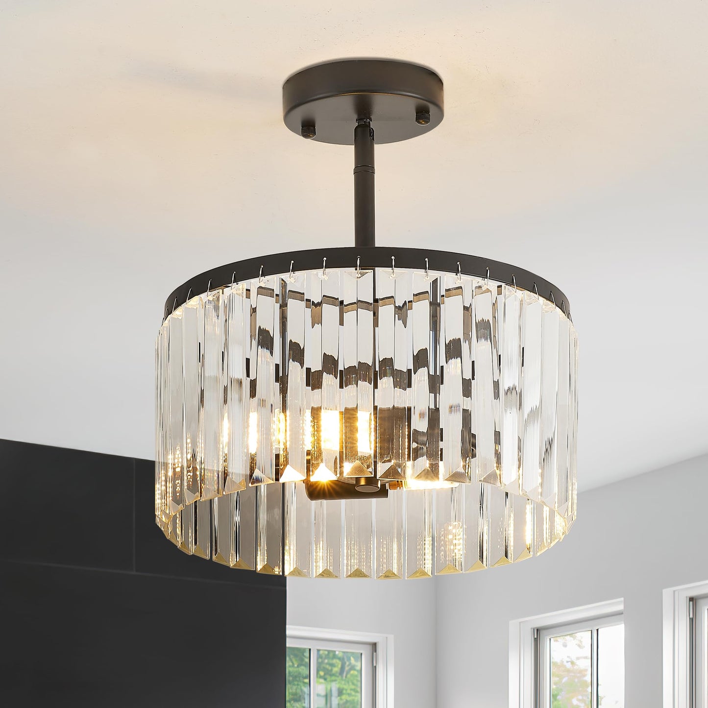 Lighceac Modern 12 Black Semi Flush Mount Crystal Ceiling Light Fixtures For Dining Room stylish Glam 2-Light Small Chandeliers Lighting For Bedroom Entryway Hallway Living Room Kitchen Island Foyer