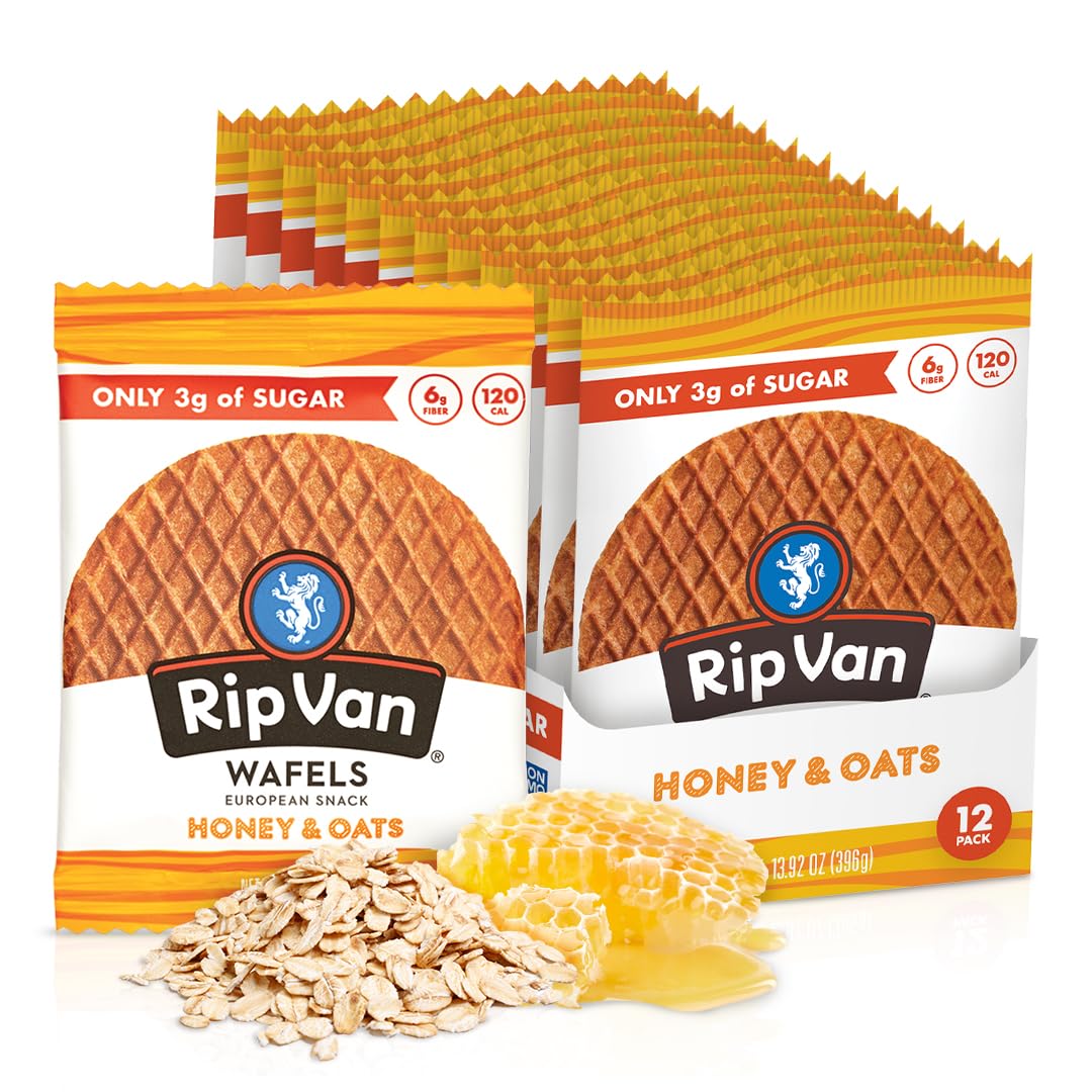 Rip Van Wafels Honey and Oats Stroopwafels, Healthy Snacks, Non-GMO, Keto Friendly, Office Snacks, Low Sugar (3g), Low Calorie,