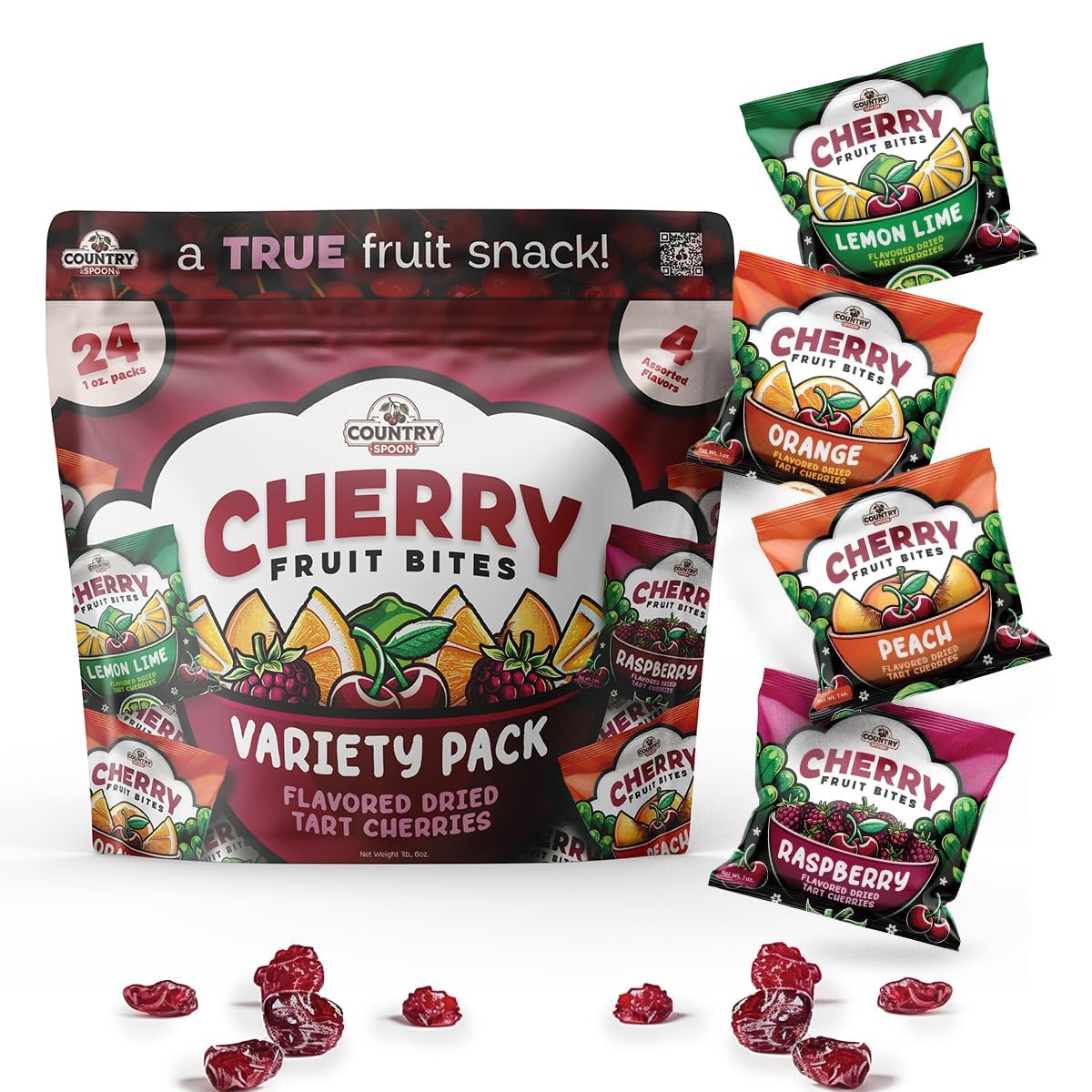 Country Spoon Real Fruit Snacks for Kids - 24 Variety Pack | Dried Tart Cherries Flavored with Orange, Raspberry, Peach & Lemon