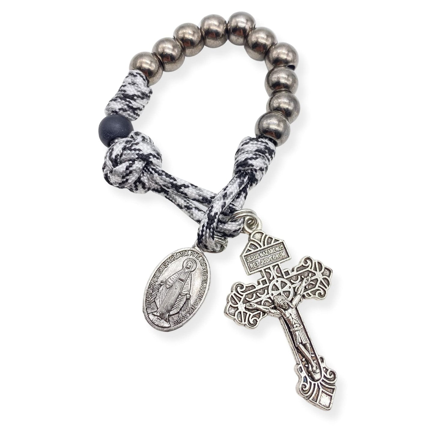 Nazareth Store One Decade Black & White Paracord Rosary Dark Silver Beads Pocket Car Rosary Protection Miraculous Medal & Jesus