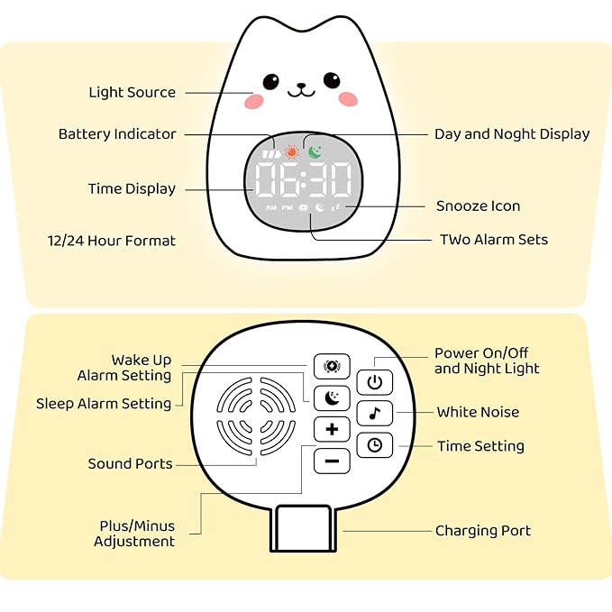 Cat Alarm Clock with Night Light for Kids with Sleep Training and Sound Machine, Rechargeable Silicone Lamp OK to Wake Clock,Cute Animal Tabletop Lamp, Perfect Sleep Companion for Boys Girls