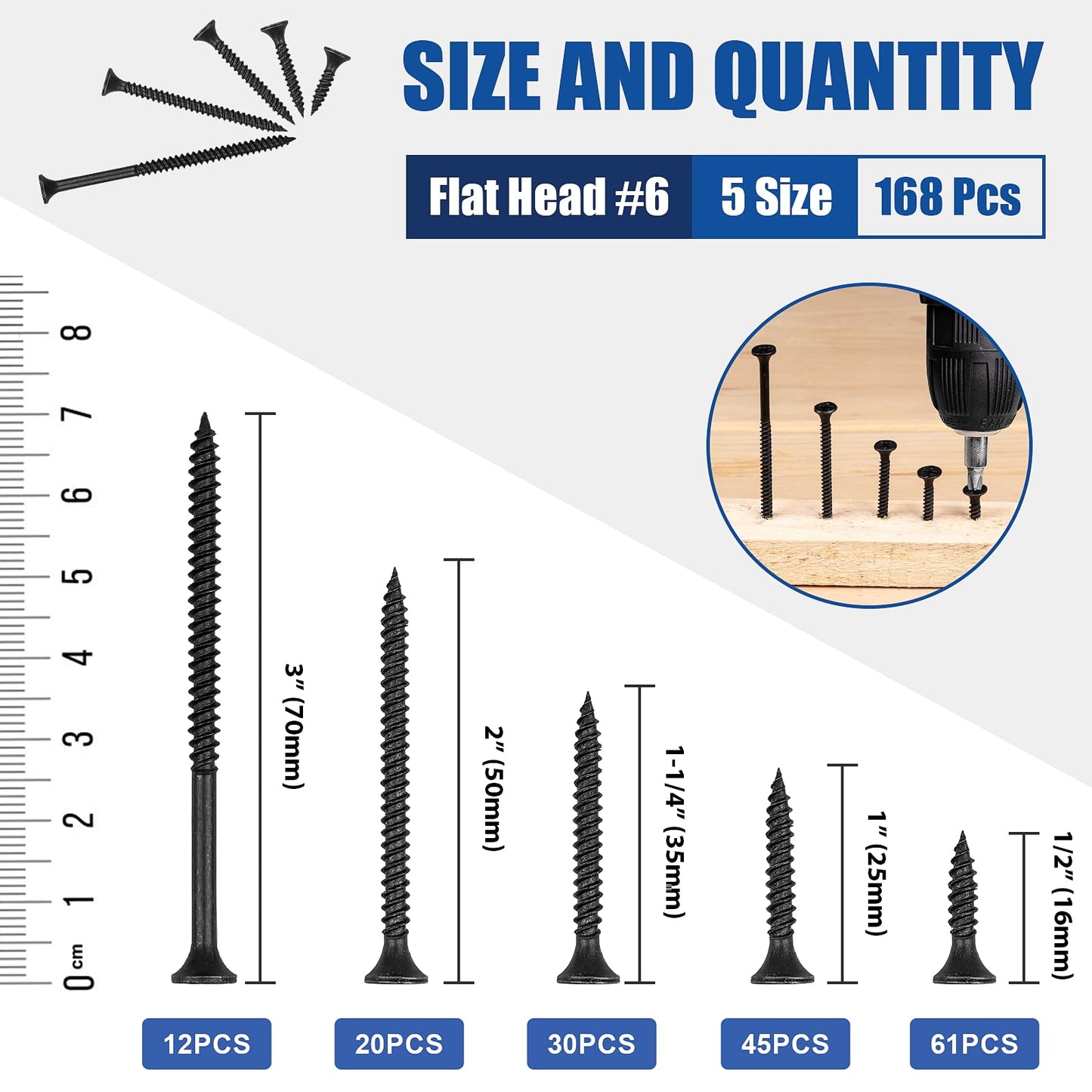 FVOLREM Wood Screws Assortment Kit, 168 PCS, High Hardness Phillips Drive Screws Set, Black Flat Head Wood Screws, Carbon Steel, 5 Sizes, Self-Tapping Screws for Wood, Drywall, Slate