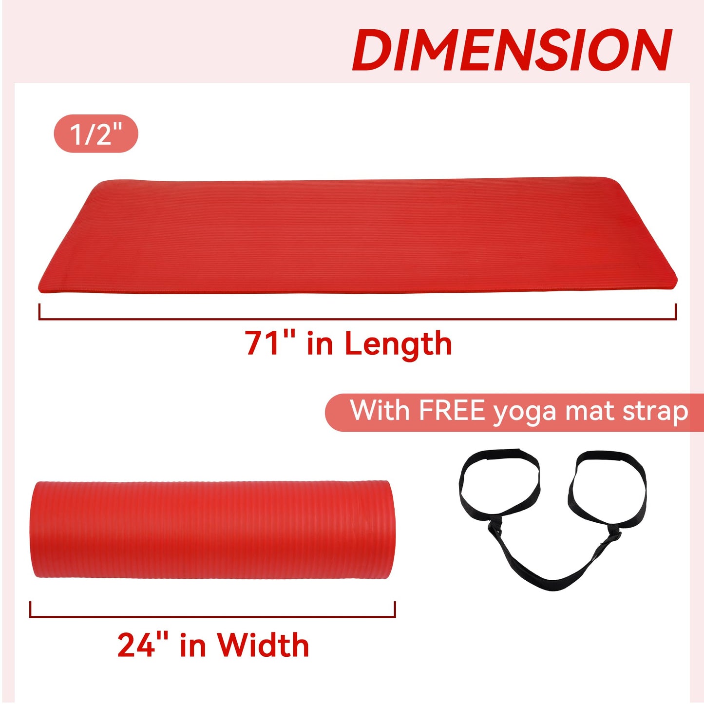 Fitvids 1/2-Inch Thick High Density Foam Exercise Yoga Mat with Carrying Strap, For Cushioning The Body Against Hard Floors, Red