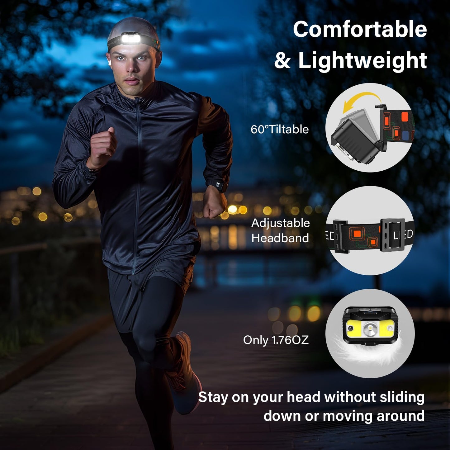 MIOISY Rechargeable Headlamp, 1200 Lumen LED, Waterproof, 8 Modes, 4 Packs, Black, Model TG-T12602