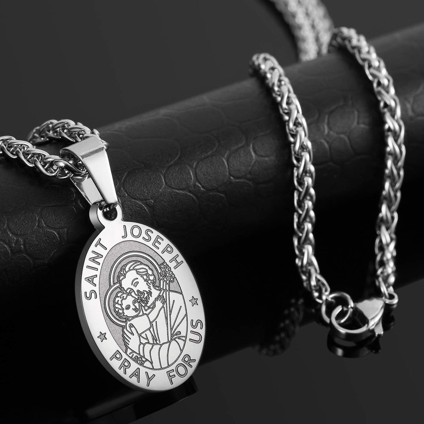 Zocomi Silver Saint St Joseph Medal Necklace for Men Boys, St. Joseph Pendant Chain Jewelry Catholic Christian Religious Baptism