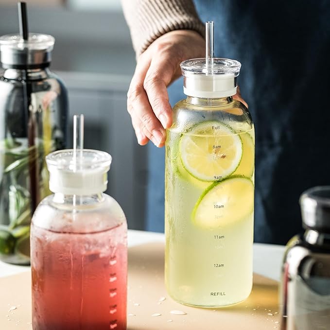 Glass water bottle With Time Marker -24oz with 2 caps and straw,Reusable Glass Drinking Bottles,Suitable For Drinks, Juices, Sodas, Coke, As Gifts Etc (Smoky 24oz)
