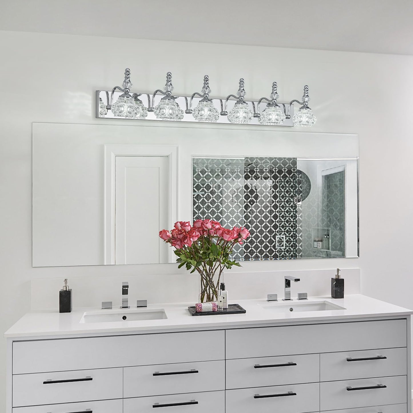 Lbsqj Modern Glass Crystal Vanity Light - Vintage Bathroom Lighting Fixtures Over Mirror 6 Light Vanity Lights G9 Bulb (43.3 Inch Chrome)