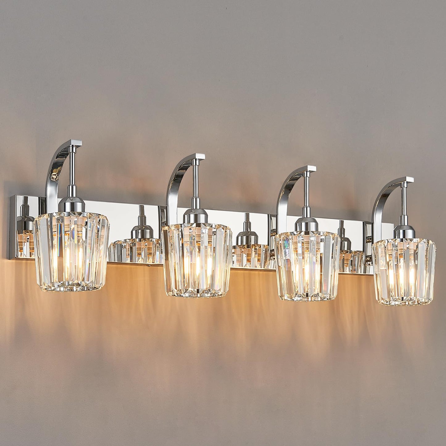 Fdpby Modern Bathroom Vanity Light 4-Light Chrome Wall Sconce With Crystal Accents Over Mirror Bathroom Lighting Fixture 32.67 Long Dimmable Vanity Lamp For Makeup Easy Installation