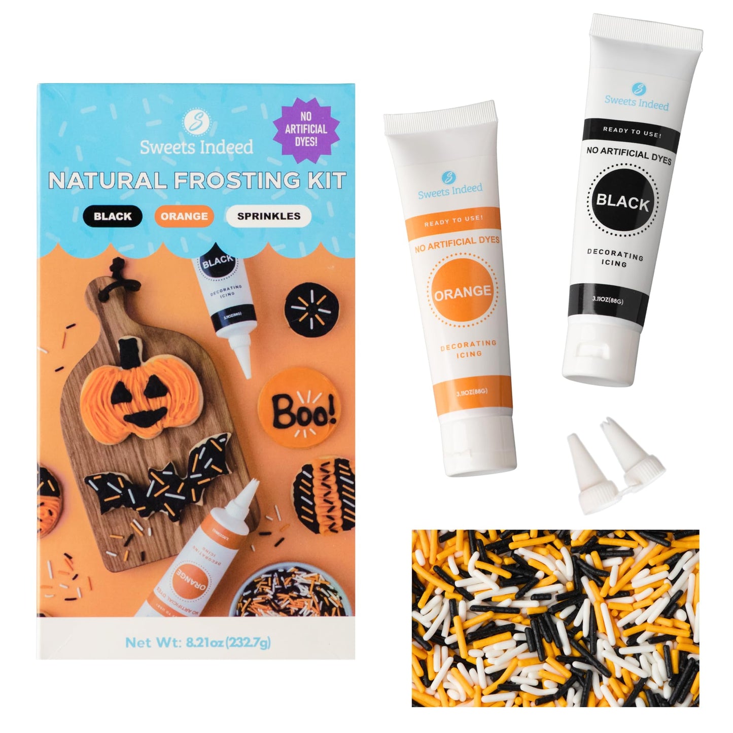 Sweets Indeed Dye-Free Halloween Frosting & Sprinkles Set - 8.22 oz | 2 Frosting Tubes (Orange & Black) + 2 Decorating Tips + 2 oz Sprinkle Mix (Black Orange & White) | No Artificial Dyes Cupcake & Cookie Decorating Kit