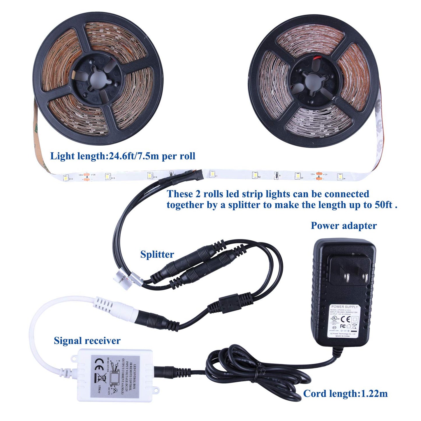ollrieu LED Strip Lights 50ft Dimmable 6000K Flexible Lighting 450 LEDs White Plastic Model OL00102-01-US