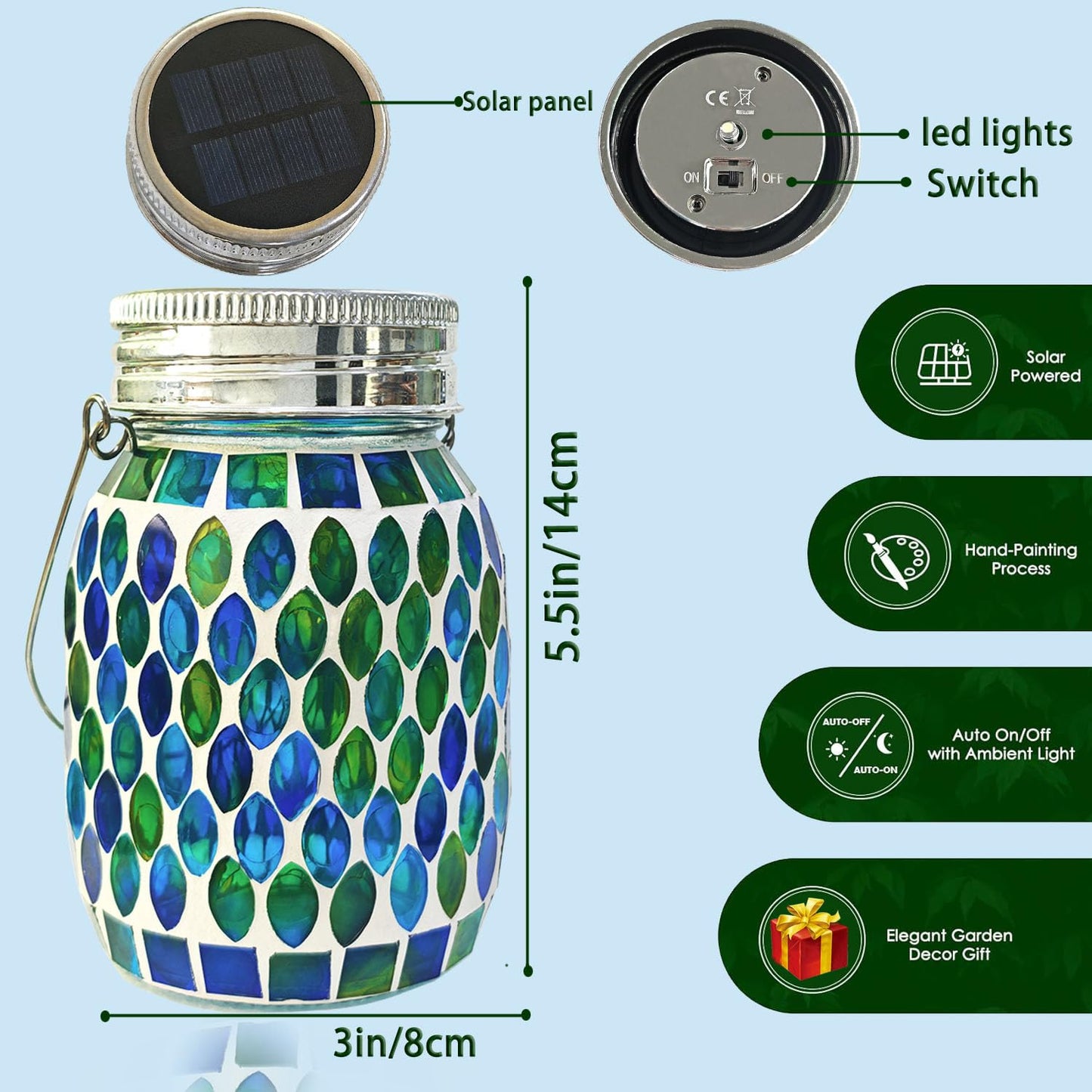 GUANFU Mosaic Lights Solar Outdoor Lanterns, Waterproof Garden Decor, Blue, Model a003